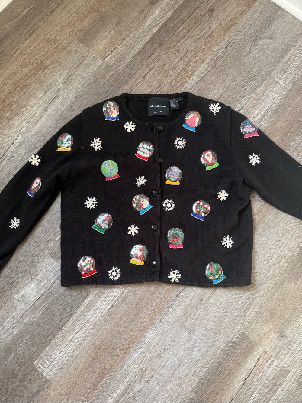 RARE Vintage Michael Simon Christmas Snow Globe Sweater Cardigan Black Winter L